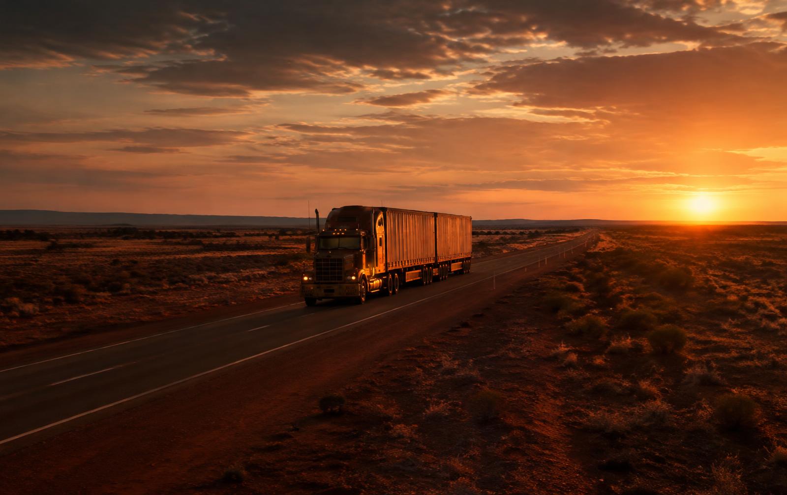Road train on an outback highway at sunset